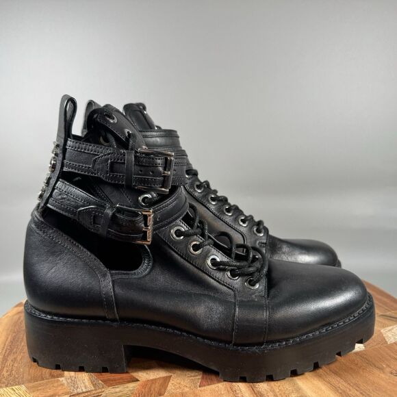 Michael Kors Bensen Black Leather Ankle Boots Logo Buckle Detail Womens 6.5 - Picture 1 of 8